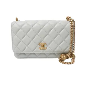 Pre-owned CHANEL leather Crossbody Bags Quilted Pearl Crush Wallet on Chain WOC blue Lambskin Aged Gold Hardware