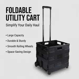 Collapsible Plastic Utility Cart with Telescoping Handle, Portable Rolling Tote Bin for Groceries, Office, and Storage, Black