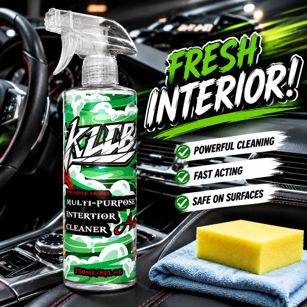 Multi-Purpose Car Interior Cleaner Kit - Powerful Formula with Sponge & Towel, Removes Dirt, Grime & Daily Messes, Cleans Leather, Plastic, Vinyl & Fabric, Refreshes Dashboards & Seats for Professional Auto Detailing