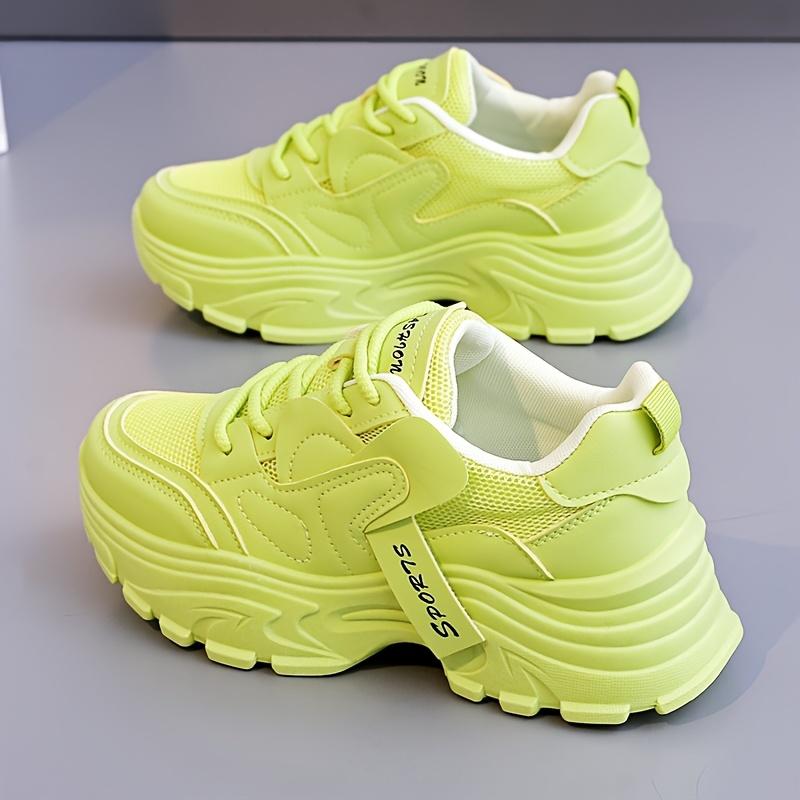 Women's Breathable Running Sneakers - Lace-Up Chunky Platform Sneakers, Neon Green Casual Walking Shoes with Thick TPU Sole, All-Season Comfort Design, Casual Sneakers |   Trendy Footwear |   Synthetic Synthetic Leather Upper Girl Trainer Training Runner
