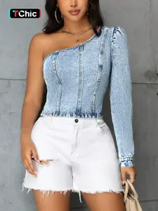 New Spring Summer French Style Sexy Denim Top, Asymmetrical Shoulder Cut Out Design, Slim-Fitting One-Shoulder Short Jean Shirt