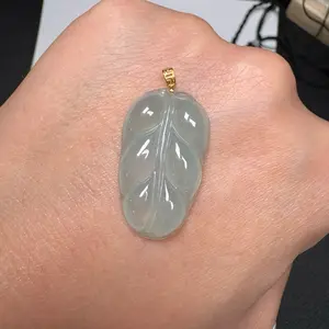 Light green ICY jadeite Jade leaf pendant, 18k gold plated clasp