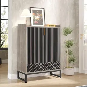 LustreC Shoe Cabinet with Doors, Grey 5 Tiers Shoe Storage Cabinet for Entryway, 25 Pairs Wooden Shoe Rack Cabinet, Modern Shoe Organizer Storage for Living Room, Bedroom, Hallway, Closet