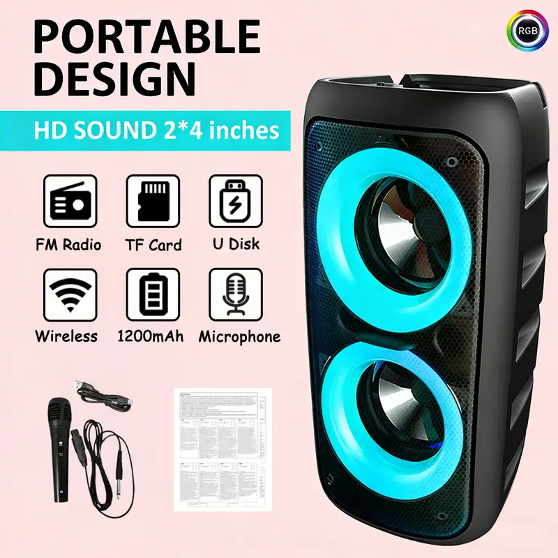 Giochem Portable High-Power Wireless Bluetooth Speaker System with Subwoofer, RGB LED Light, TWS Support, USB/MIC/Aux Input, Audio Compatibility, Ideal for Camping, Teen Boy Gifts Outdoors, Man Cave Gadgets, Cool Tech Gadgets