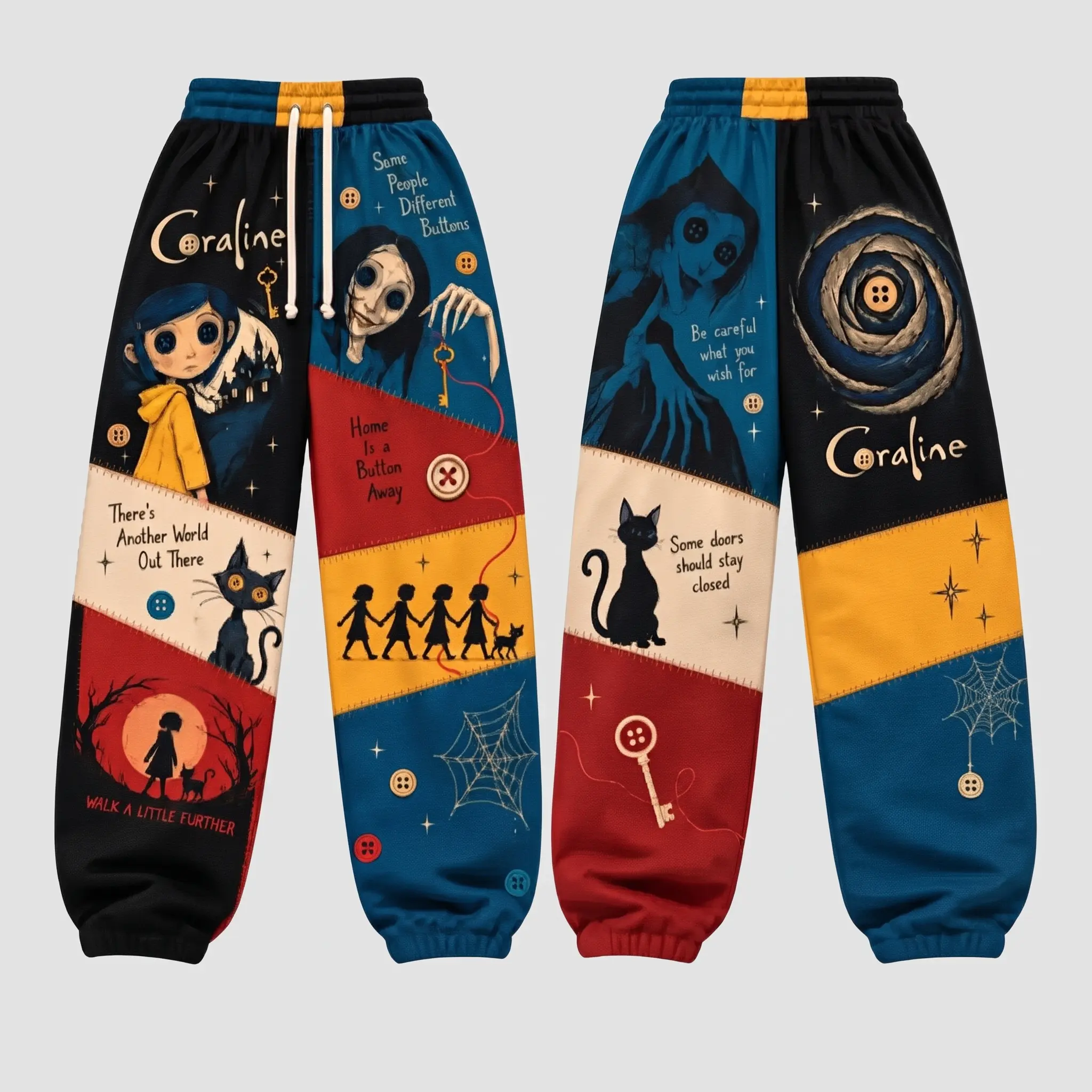 (Size up if want looser fit) Button Eye Other World Patchwork Loose Sweatpants, C0raIne Hall0ween Jogger Pants, Spooky Fantasy Graphic Wide Leg Jogger Pants, Black Cat Key Streetwear
