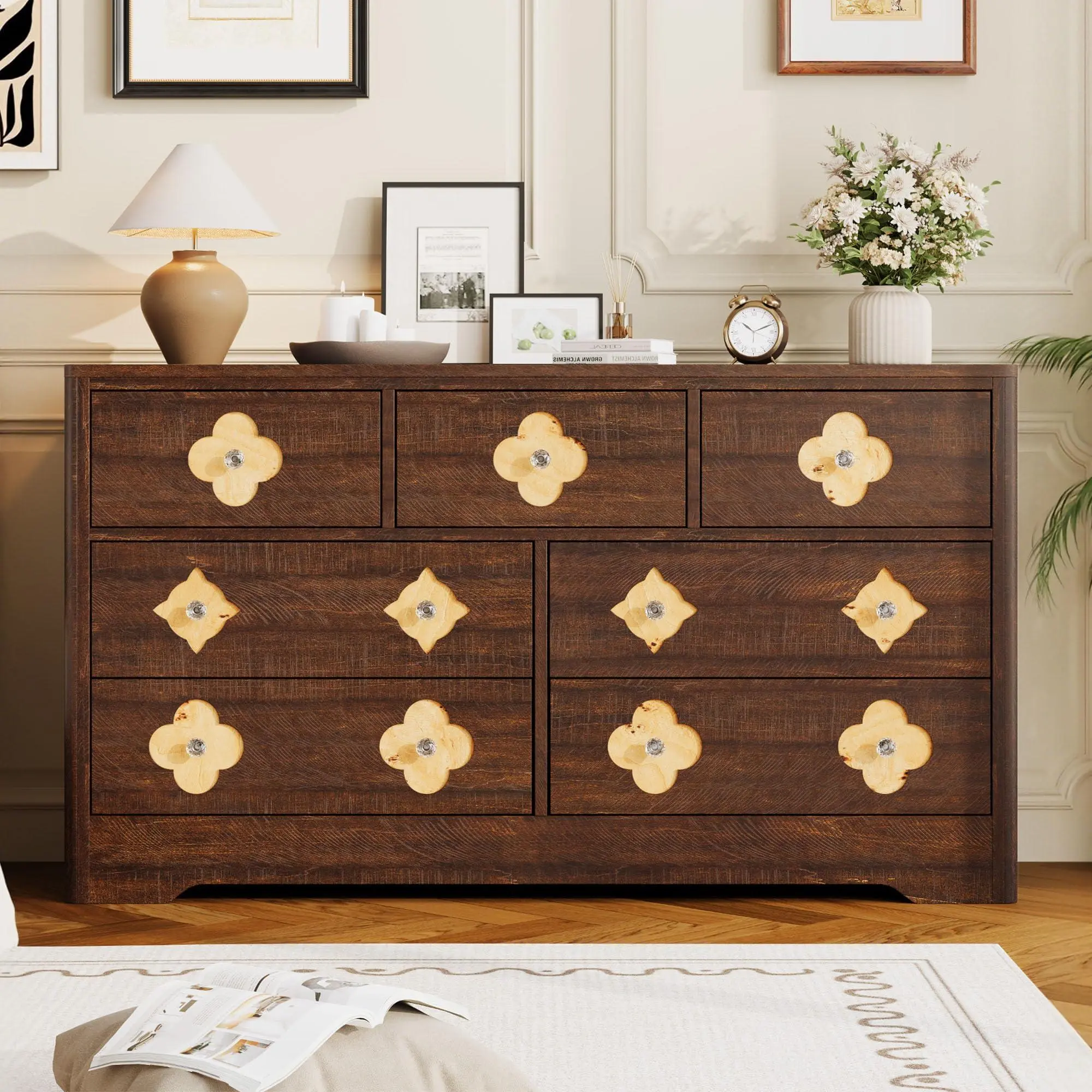 54" Wide 7 Drawer Wood Dresser with Decorative Fronts & Crystal Knobs, Wide Storage TV Stand Organizer