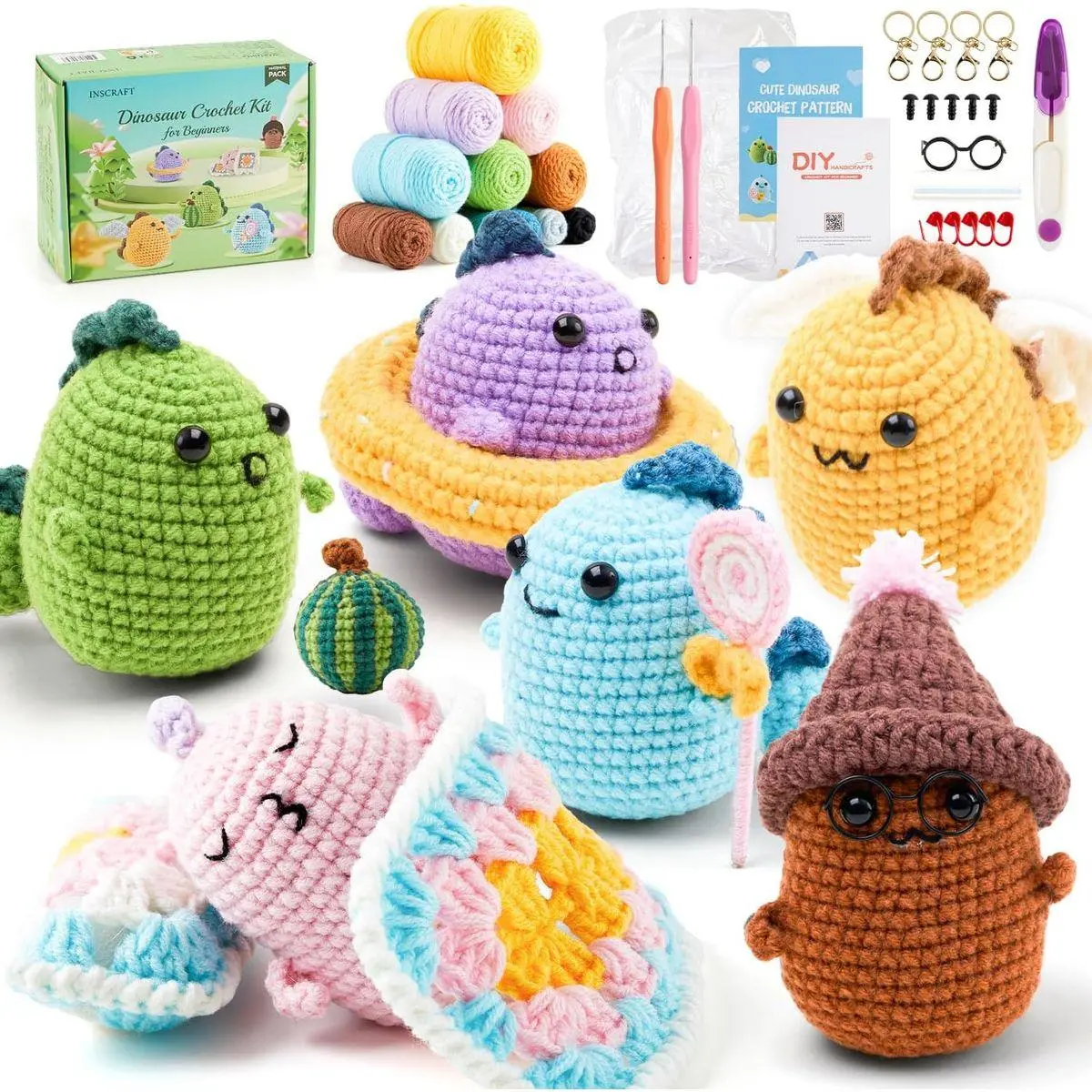 Crochet Kit for Beginners, 6 Pack Dinosaurs Crochet Animal Kit,Starter Kit with Step-by-Step Video Tutorials, Learn to Crochet Kits for Adults, DIY Knitting Craft Supplies Gift