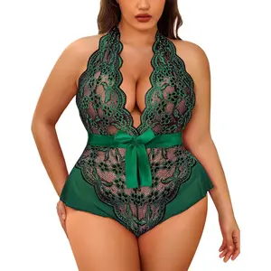 OUTDOOR Plus Size Lingerie for Women Deep V Neck Teddy Lingerie Halter Lace Bodysuit Nightgown