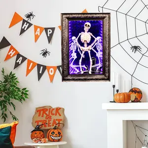 Dancing Skeleton Halloween Frame Decoration, Built-In Music & Light, Motion Sensor, Battery Operated, Wall Decor for Parties