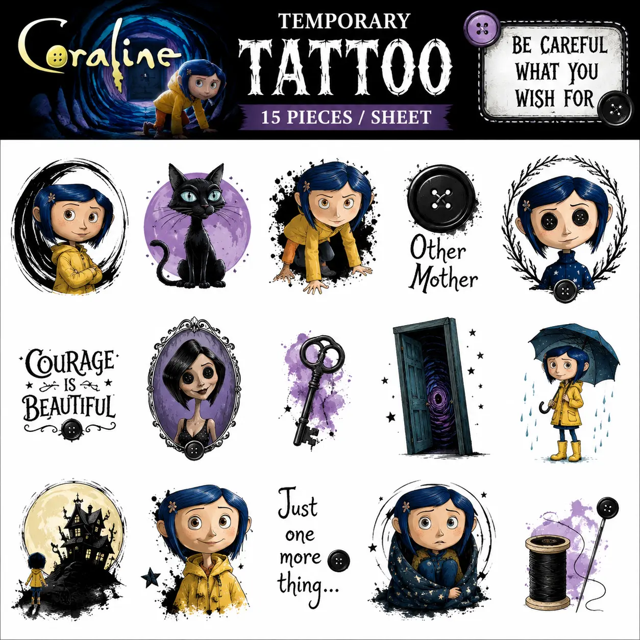 Coraline Temporary Tattoo Set 15pcs | Gothic Halloween Temporary Tattoos | Black Cat & Button Eyes Tattoo Sticker Sheet