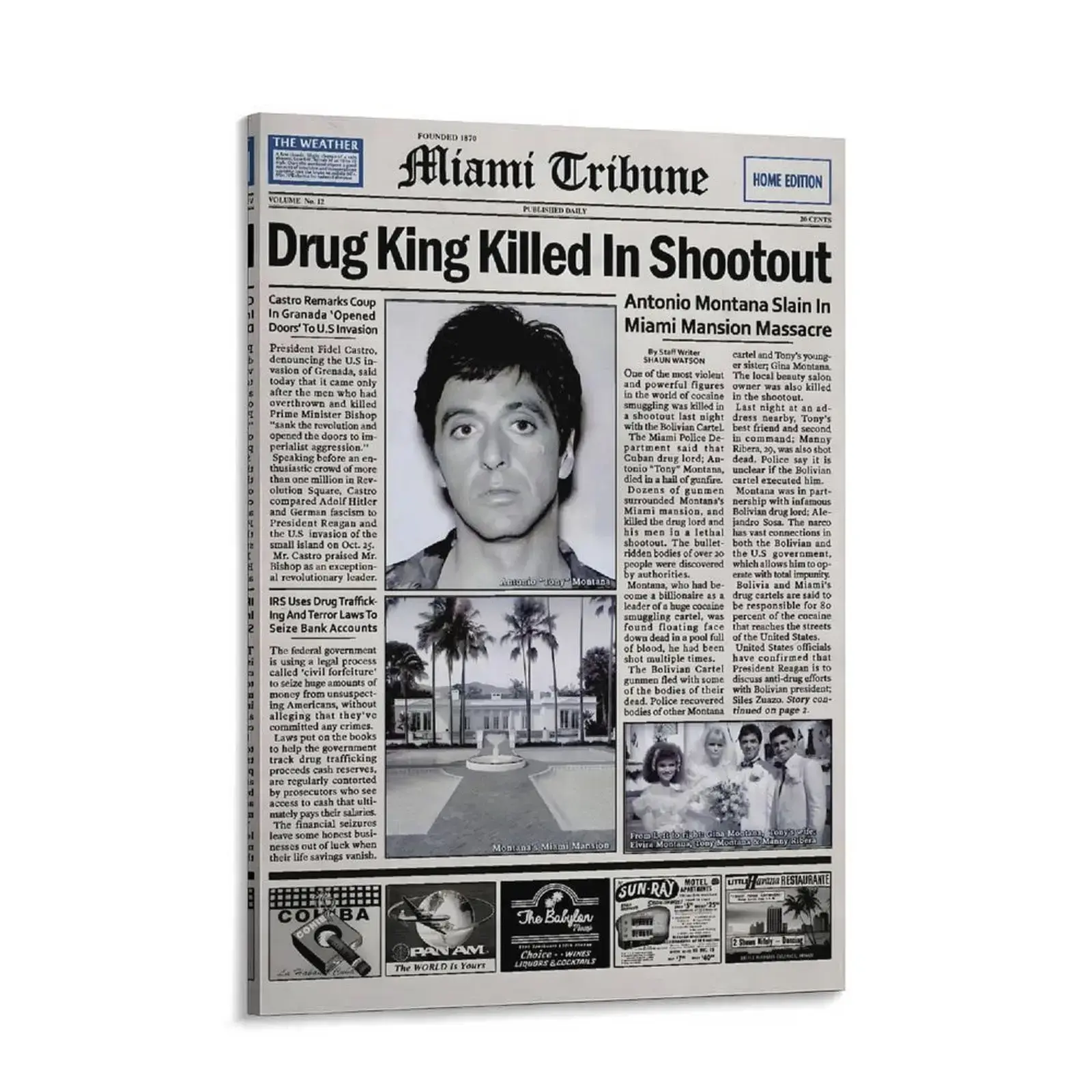 Scarface Tony Montana Newspaper Poster Print - High-Quality Artistic Artwork with Solid Wood Frame, Waterproof Design, Aesthetic Wall Decor for Room, Collectible Gift for Movie Enthusiasts