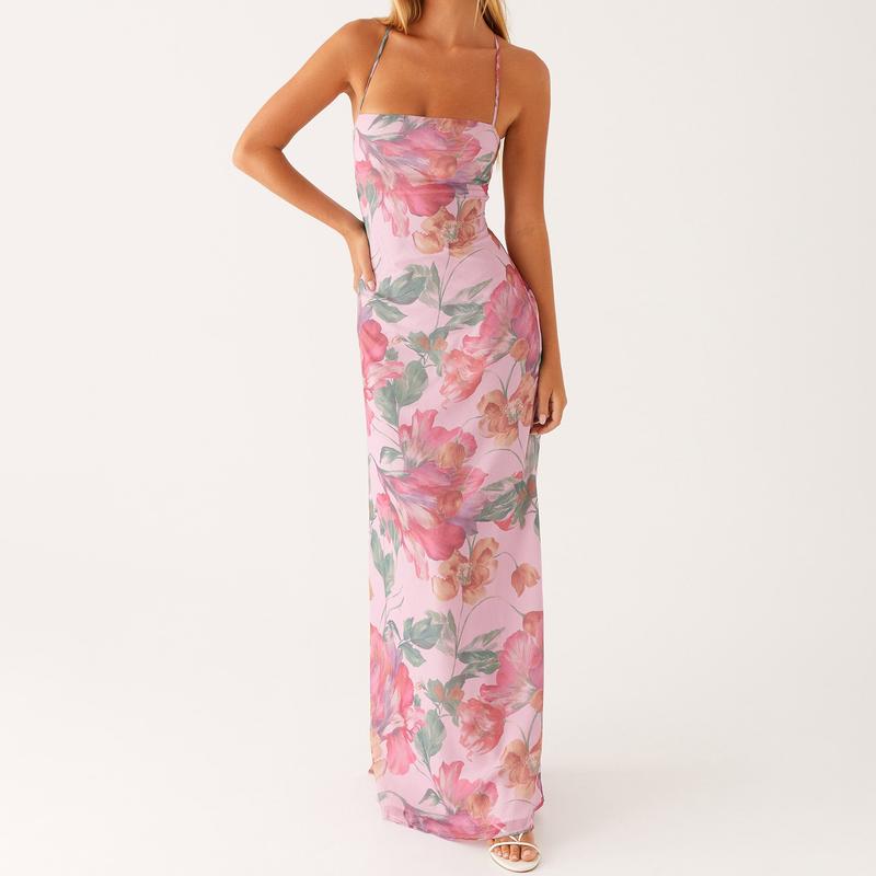 Women's 100% Polyester Slim Casual Summer Cami Dress - Long Length, Backless, Criss Cross Tie-Up, Sleeveless Spaghetti Straps, Lightweight, Floral Print Casual Beach Sundress