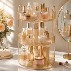 360° Spinning Makeup Organizer Countertop - 3 Tier Aesthetic PET Cosmetic Storage Shelf, Luxury Metal Trim Perfume & Skincare Display Riser for Vanity, Clear Dresser Organizer for GRWM Routine
