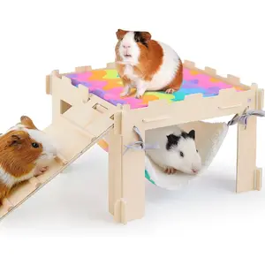 Soft Wooden Guinea Pig Hideout House with Hammock and Stairs, Large Toys Cage Accessories for Small Animals