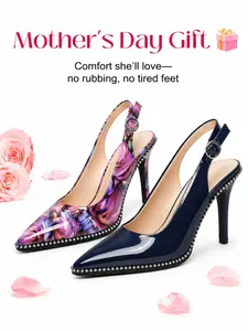 Zamikoo Women’s Beaded Slingback Stiletto Heels, Pointed Toe Patent Leather PVC Opera Pumps with Adjustable Buckle, 90mm Heeled Shoe, Silver Beaded Design, Classy Elegant Fashion Stylish Girl Shoes for Wedding, Party & Clubbing | Heel Collection Footwear