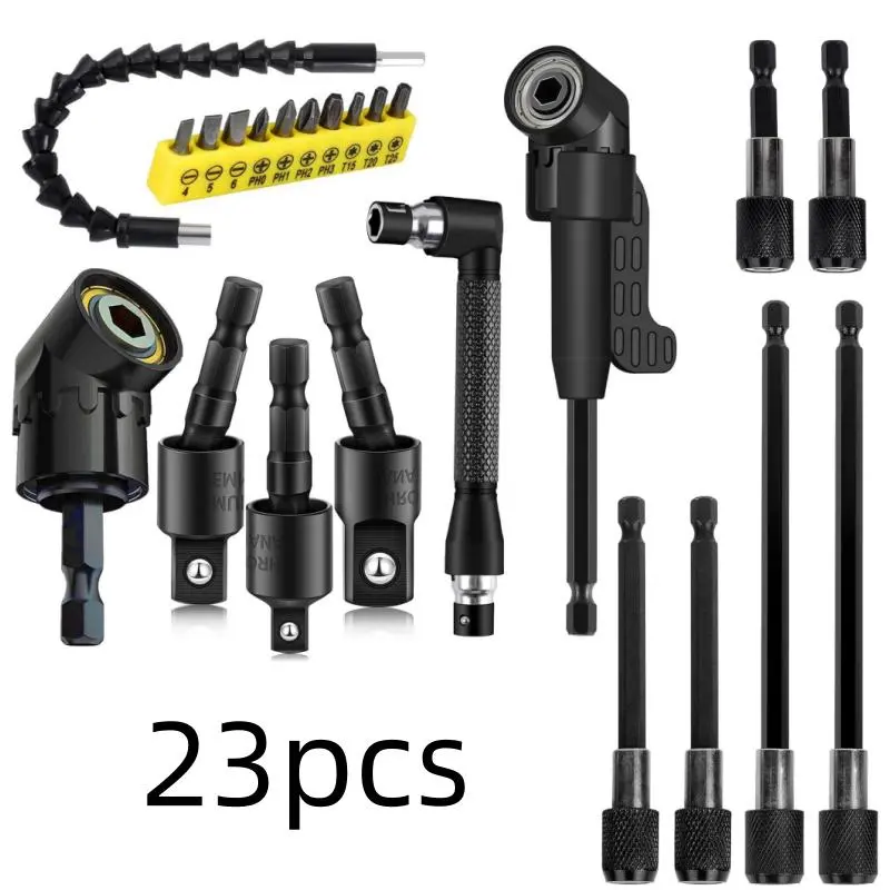 23PCS Flexible Drill Bit Extension Kit, Includes 3 Rotatable Socket Adapter 2 Hex Shank 105° Right Angle Drill Attachment 10 Short Screwdriver Bits 90° Angled Bits & 1 Bendable Extension & 6 Drill Bit Extension