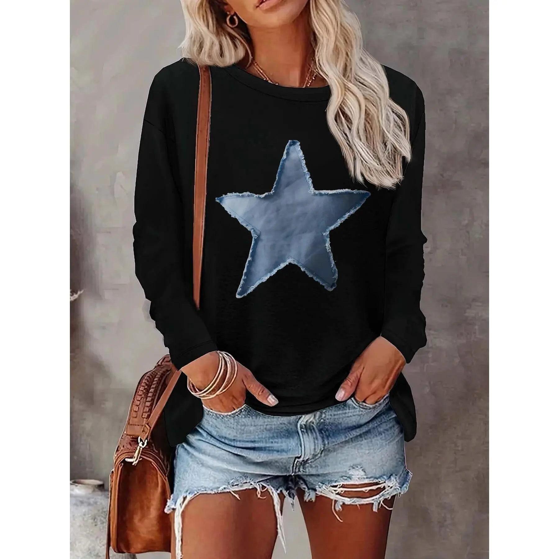 Women's Casual Long-Sleeve T-Shirt - Black with Blue Star Print, Loose Crew Neck, Medium Stretch Fabric, Machine Washable, All-Season Top, Western-Style Comfort Fit