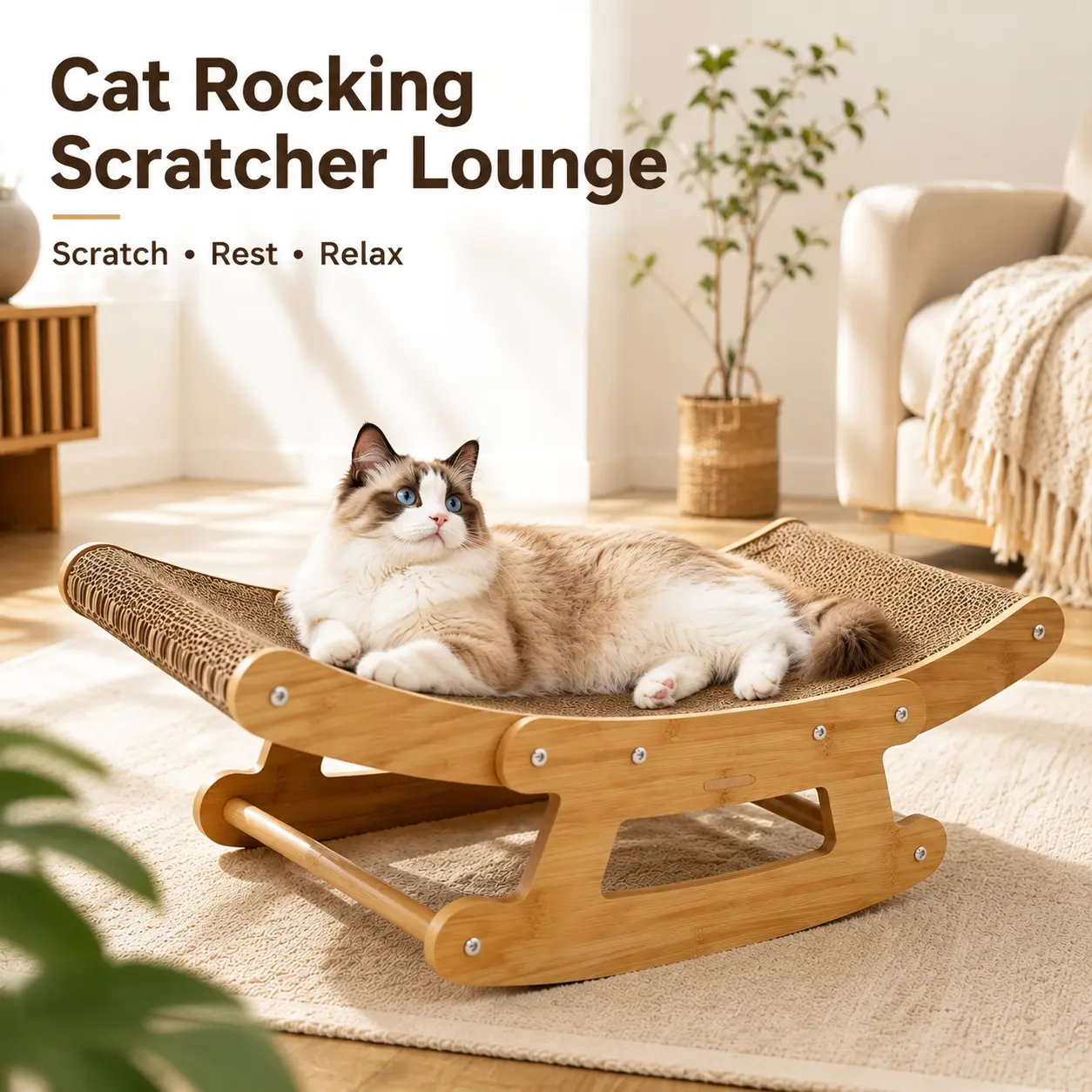 Multi-functional Cat Rocking Scratcher Lounge, Corrugated Cardboard Cat Scratching Lounge Bed, 2-in-1 Cat Furniture Ergonomic Anti-Tip Cat Rocker Toy, Indoor Home Use Pet Furniture for Kitten Rest & Scratching, Trending Pet Products