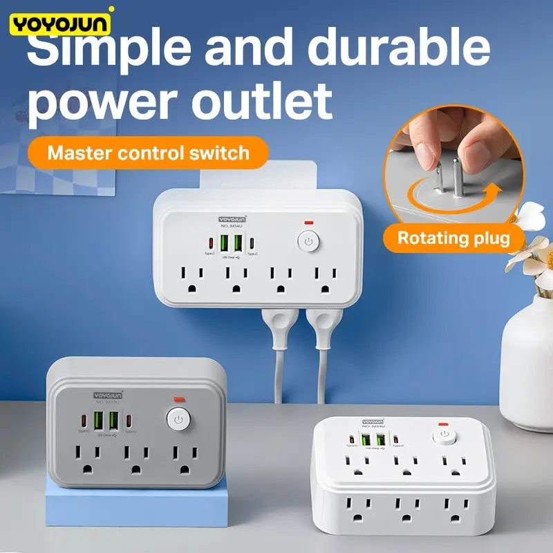YOYOJUN Rotatable Plug Surge Protector Power Strip - Multi-Outlet Wall Adapter with USB-C, USB-A Ports, Overload Protection, Master Switch, Compact for Home, Office Use