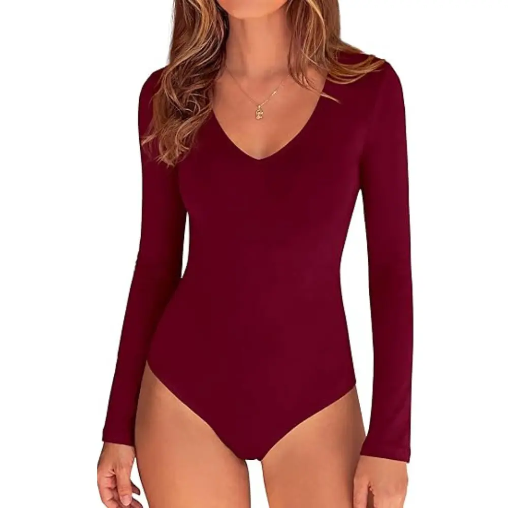 PRETTYGARDEN Bodysuits for Women Fall Long Sleeve Shirts V Neck Slim Fitted Basic Tees Going Out Tops Fashion Clothing
