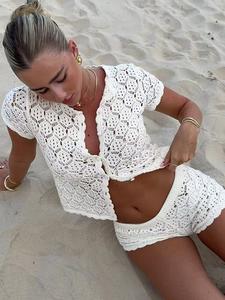 Women's Summer Crochet Mesh Hollow Out Beach Short Sleeve Knit Cardigan Set, Sexy Slim Fit Two-Piece Clubwear, Vacation, Beach Cover Ups