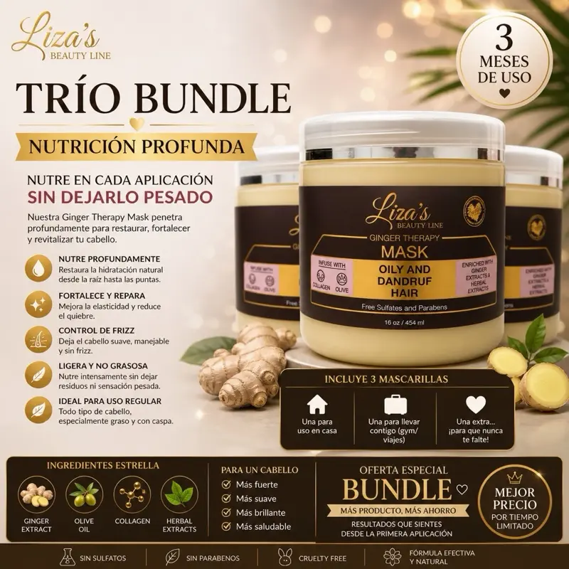1599- Liza's Beauty Line Nutritive Haircare Mask - Ginger Therapy for Oily & Dandruff Hair - 3-Month Bundle - Deep Nutrition & Frizz Control - Sulfate-Free
