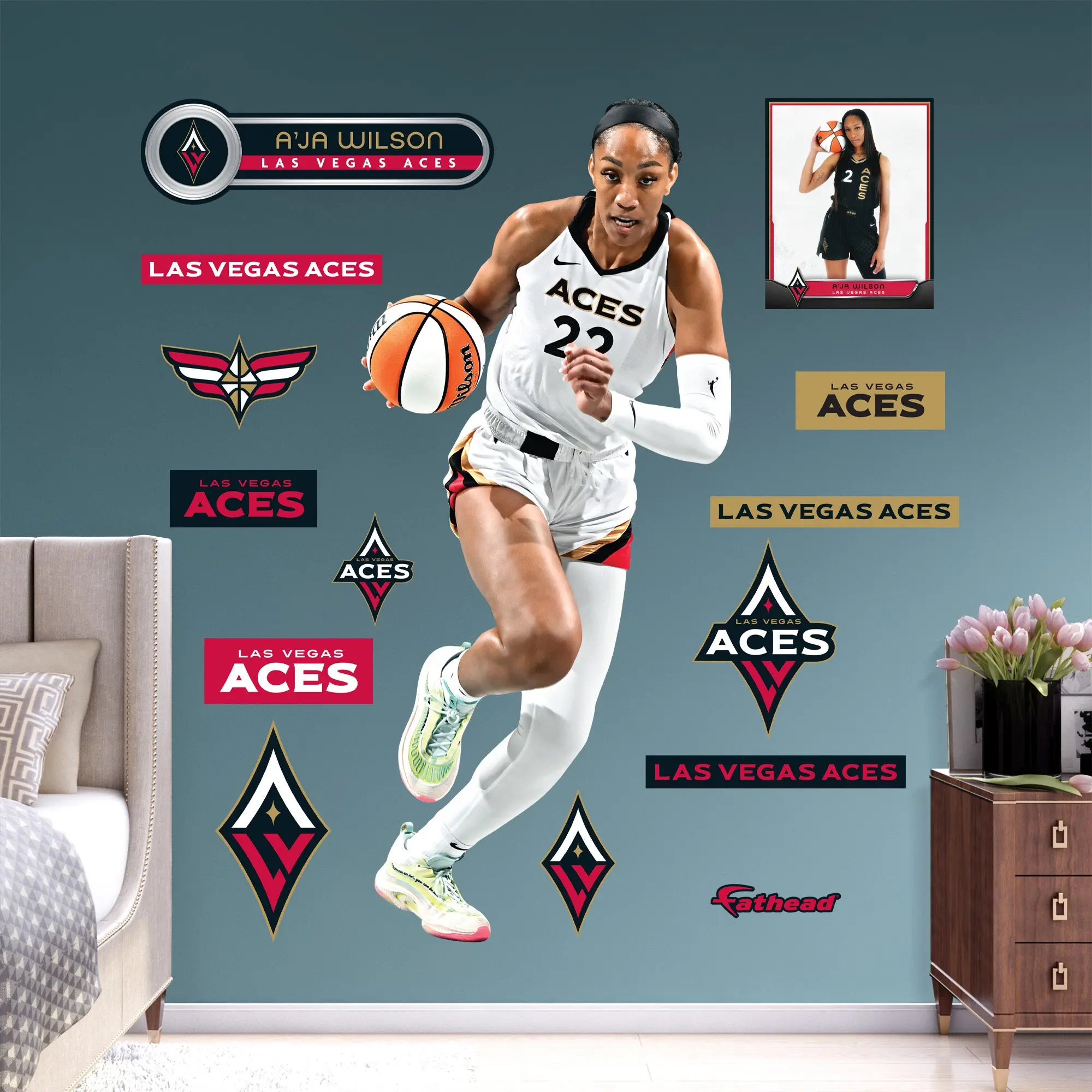 Official WNBA Las Vegas Aces A'ja Wilson RealBig Collection Reusable Vinyl Fan Wall Stickers - Team-Themed Home Decor Stickers