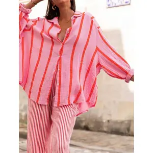 Women's Pink Stripe Loose Blouse, Elegant Casual Top Suitable For Commuting, Daily Wear, Valentine's Day, Outdoor, Spring/Summer Fabric Long Sleeve