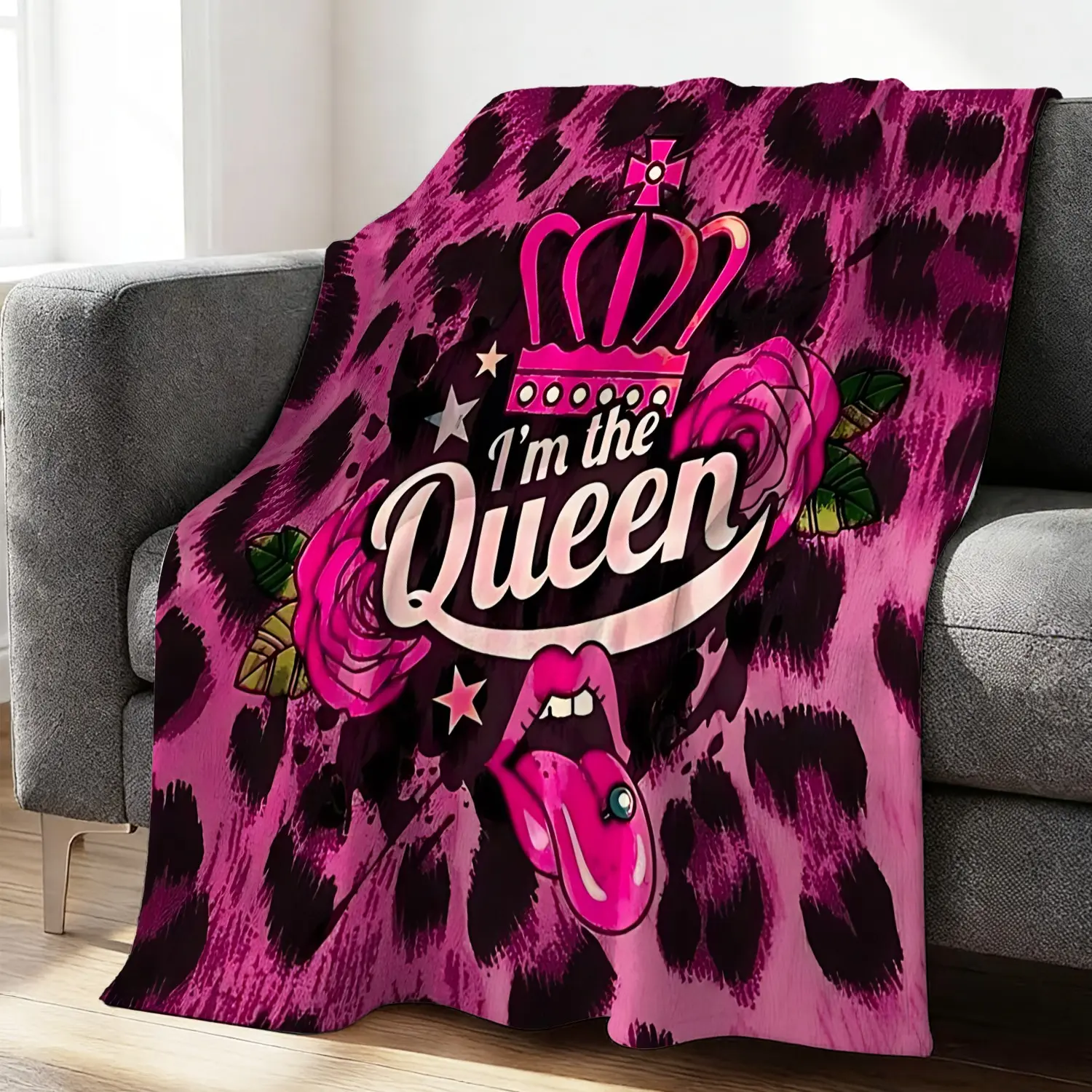 Hot Pink Leopard Queen Cozy Blanket, Ideal for Napping, Movie Nights, Relaxation & Bold Girly Decor, Portable Blanket for Outdoor Trips Camping, Trendy Glam Home Decor for Teen Girl Bedroom