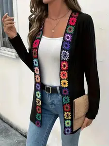 Women's Fashion Solid Color Ribbed Ethnic Patchwork Knitting Cardigan Long Sleeve Coat, Casual Fitted Knitwear for Fall Winter Daily Wear, Womenswear, Sweater Knitwear, Breathable Summer Tops