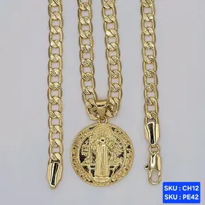 Saint Benedict Pendant (San Benito), Select chain style 24 inches 6mm wide  Laminated Gold jewerly SKU : PE42