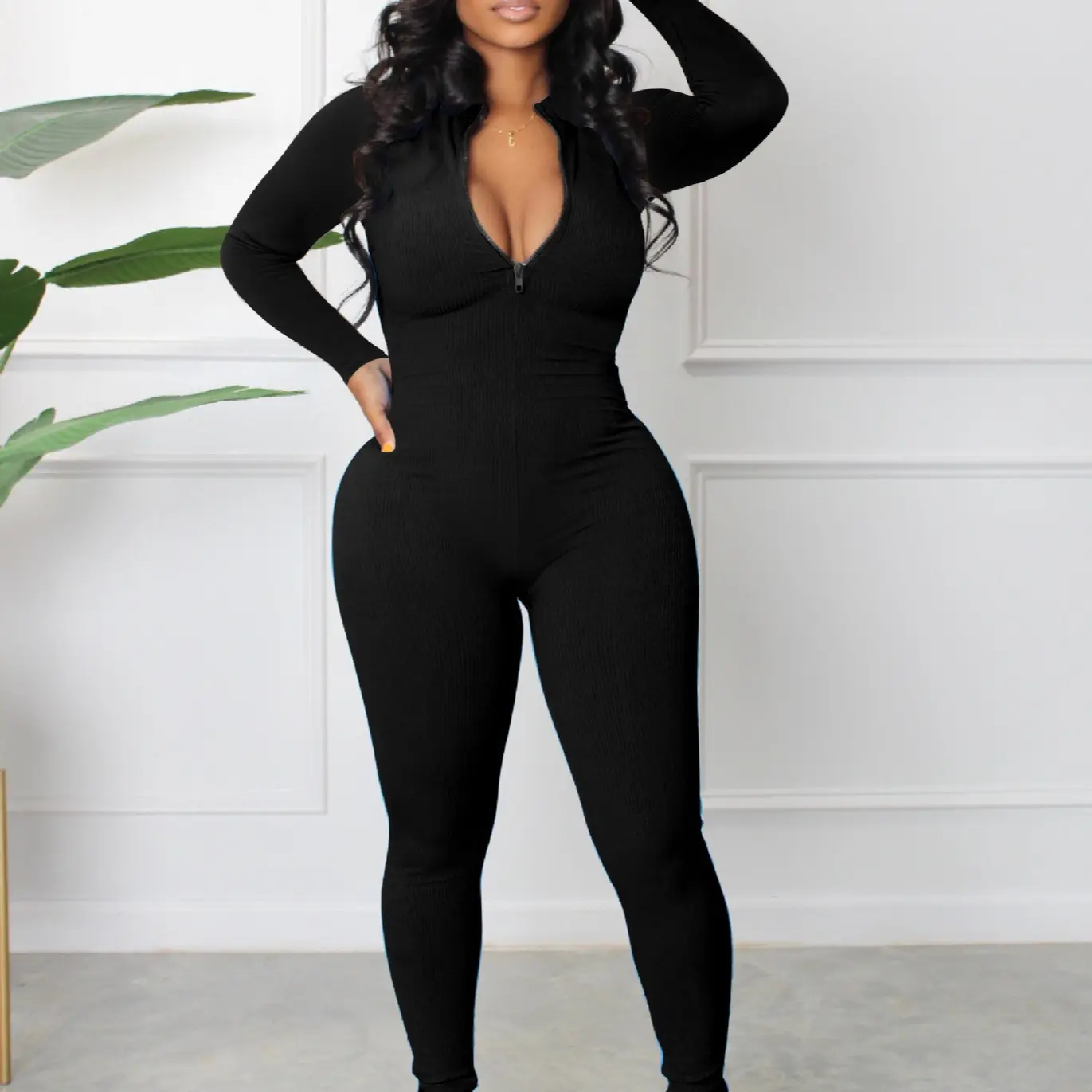 Women's spring and autumn tight-fitting jumpsuit, stand-up collar long-sleeved tight-fitting pit zipper sports solid-color jumpsuit, fashionable and casual sports women's jumpsuit
