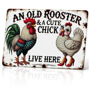 Vintage "An Old Rooster & Cute Chick Live Here" 8x12 in Iron Aluminum Sign, Rustic Farmhouse Hanging Wall Decor, Durable Weather-Resistant Metal Art with Pre-Drilled Holes for Home & Kitchen