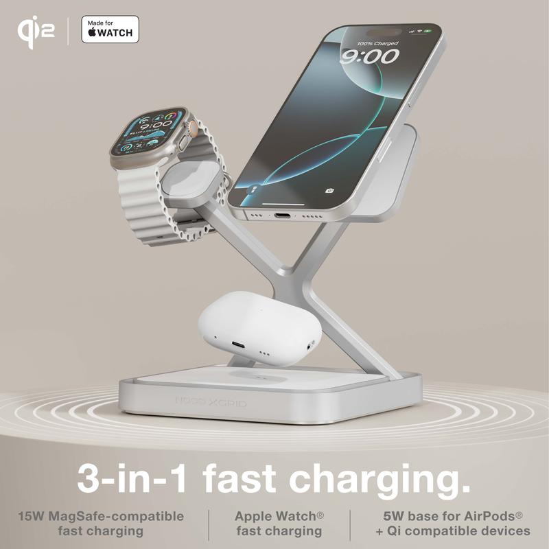 NOCO XGrid XDS3: 3-in-1 Wireless Charging Stand – For iPhone, Apple Watch, and AirPods – MagSafe Compatible, Qi2 Certified