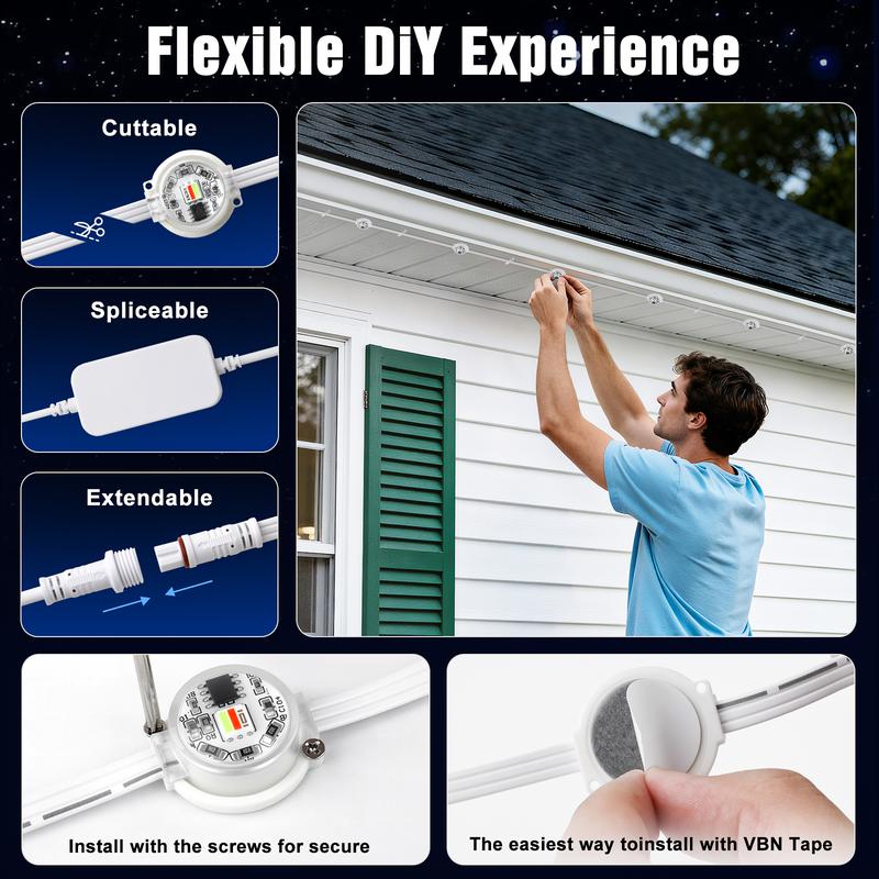 Smart RGB Permanent Outdoor Lights for House 100FT/200FT RGB+IC Eave Lights with DIY Color IP67 Waterproof App & Remote Control 72 Scene Modes for Christmas Holiday & Daily Decor