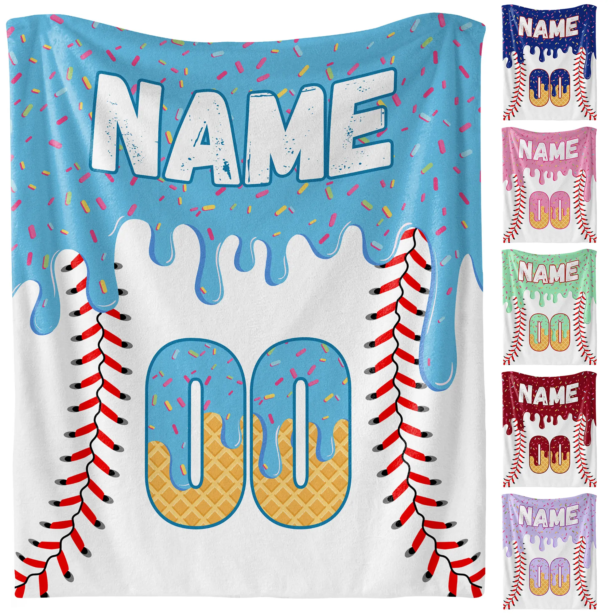 Personalized Baseball Ice Cream Drip Blanket – Custom Name & Number Baseball Throw Blanket, Soft Cozy Sports Blanket, Gift for Adults, Bedroom or Couch Décor