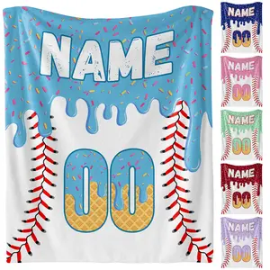 Personalized Baseball Ice Cream Drip Blanket – Custom Name & Number Baseball Throw Blanket, Soft Cozy Sports Blanket, Gift for Kids, Teens & Adults, Bedroom or Couch Décor