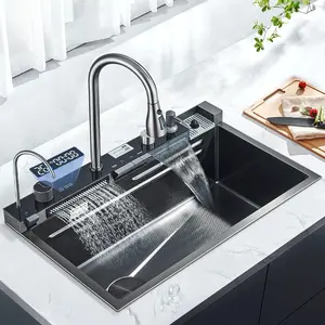 Stainless Steel Kitchen Sink with Faucet Digital Display Large Single Bowl Waterfall Rain 5 Functions System Dish Basin Sink