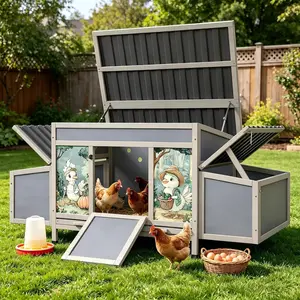 Wooden Chicken Coop with Nesting Boxes, 59'' Large Outdoor Poultry Hutch for Backyard, Weatherproof Hen House with Easy-Clean Tray, Ventilated Chicken Cage for Ducks & Rabbits, Gray