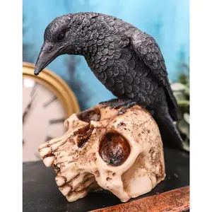 Foreboding Dark Crow Raven On Skull Statue 5"Tall Ossuary Scavenger Raven Bird