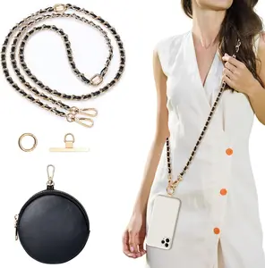 Clip and Go Phone Strap Crossbody with RFID Leather Wallet, Trendy Hands-Free Crossbody Cell Phone Lanyard Chain with  Purse for Women,  Chain for  and Smartphone, Black