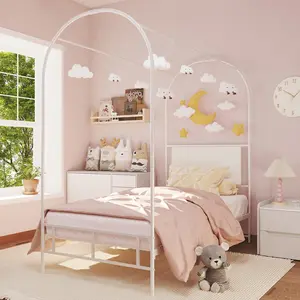 Twin Canopy Bed Frame with Upholstered Headboard, Noise Free Metal Canopy Bed Frame with Under-Bed Storage & Strong Slats Support, No Box Spring Needed, Easy Assembly