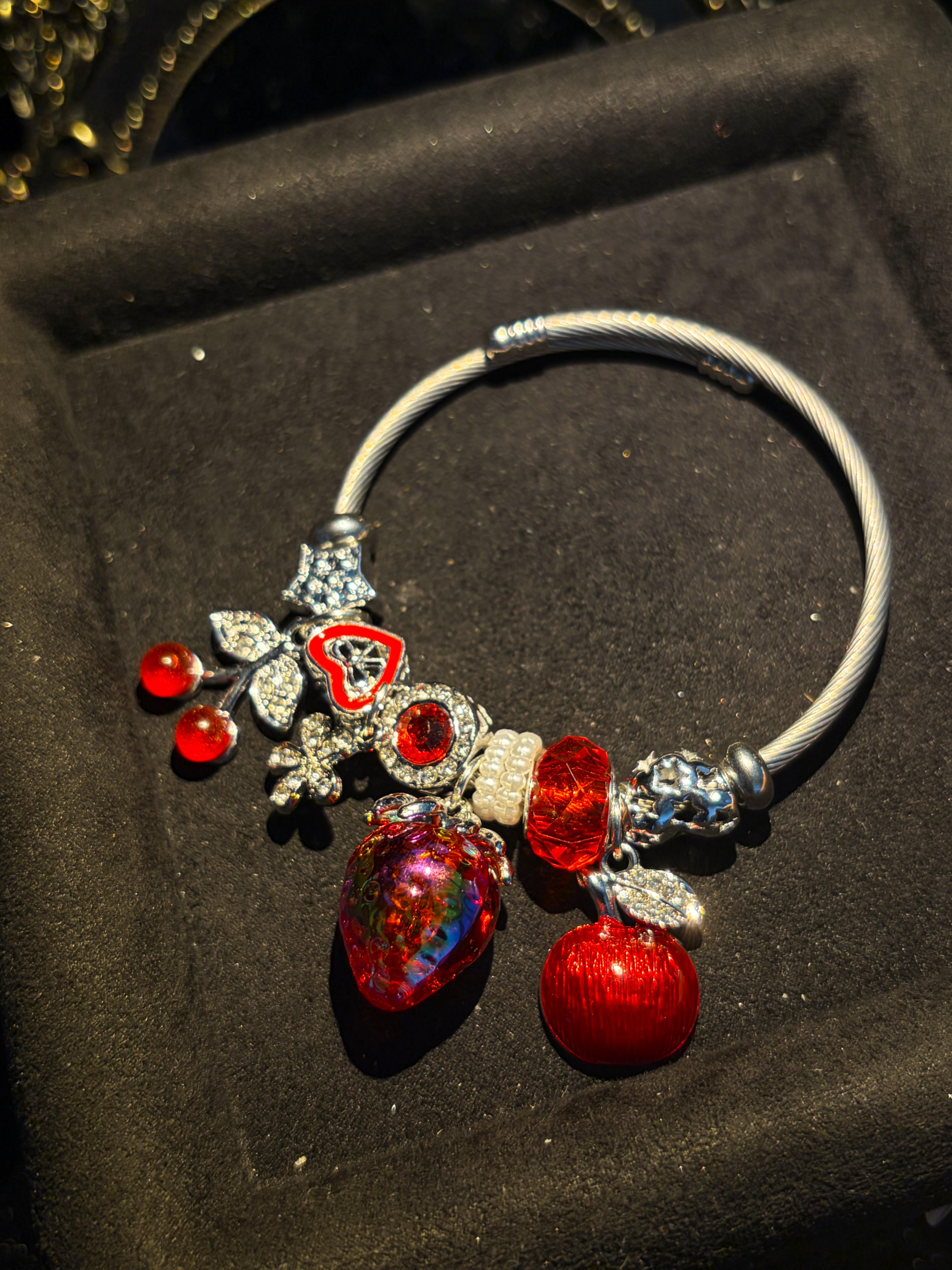 Women's Silver-Tone Adjustable Open Cuff Wire Bracelet with Strawberry Cherry Red Fruit Heart Charms, Fashion Costume Jewelry for Daily Wear and Gifting