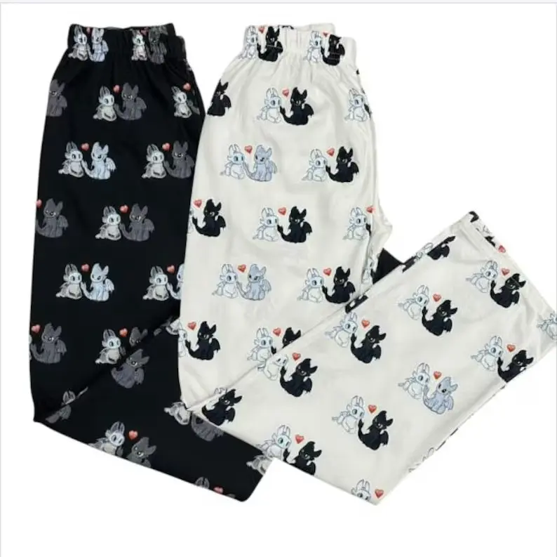 Cute Dragon Couple Print Pajamas Pants Aesthetic Sleepwear For Men And Women Loose Casual Sporty Trousers Four Seasons Breathable Loungewear Cozy Nightgown Gift For Dragon Movie Lovers