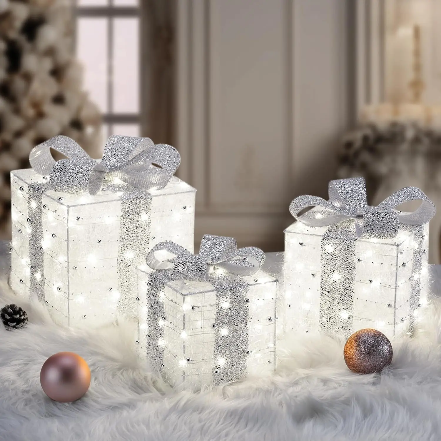 Christmas Lighted Gift Boxes, 140 LEDs Light Up Presents Christmas Decoration, 8 Modes & Timer Function Plug-in Lighted Boxes, Set of 3 Xmas Decor for Holiday Party Indoor Outdoor, Metal