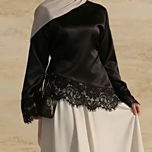 New round neck solid color long sleeve irregular hem lace bottoming shirt women