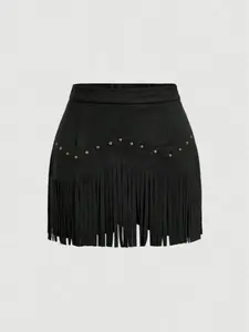 Women's Vintage Faux Suede A-Line Fitted Skirt with Fringe Details, Elegant Retro Style, Perfect for Casual and Party Wear