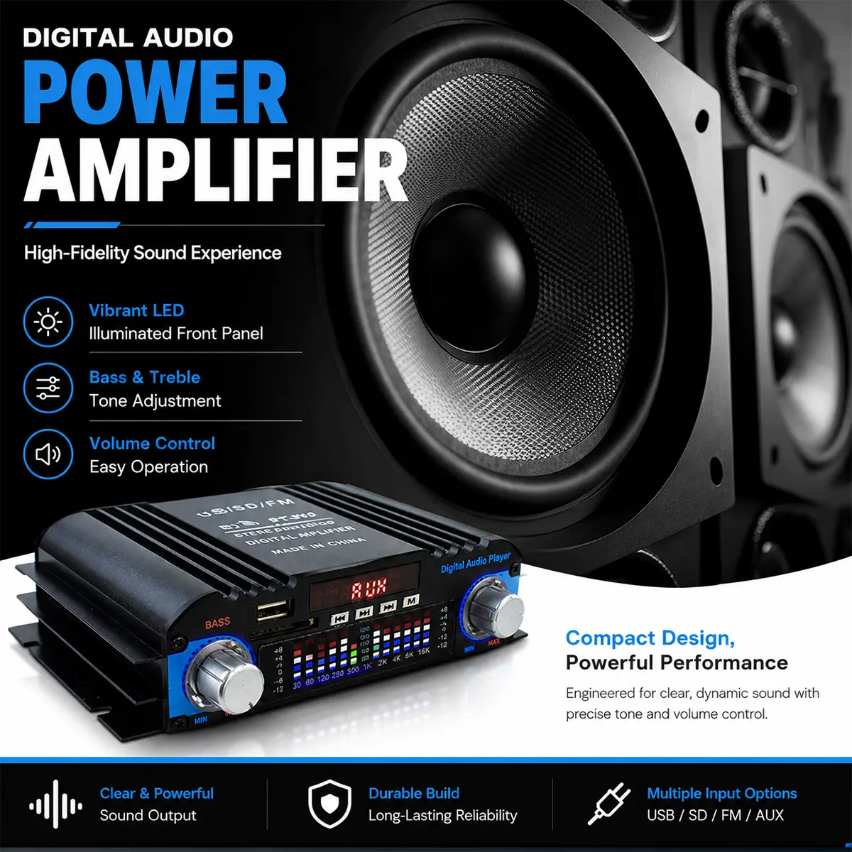Portable Bluetooth stereo audio amplifier, mini amplifier with equalizer control, FM radio, USB TF player and remote control, suitable for car and home use.