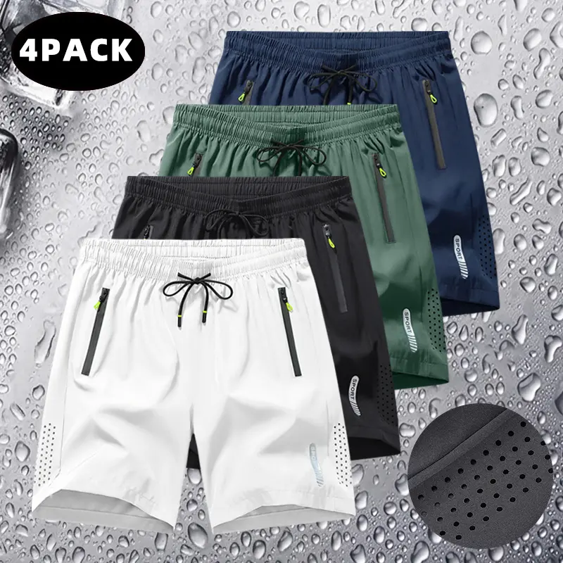 Menswear 4-Pack Men's Cool-Touch Casual Shorts with Zippered Pockets Quick-Dry Ice Silk for Sports Running Fitness  Wear Stylish summer fashion solid color training zipper pocket short breathable breathable short athletic short, E workout straight