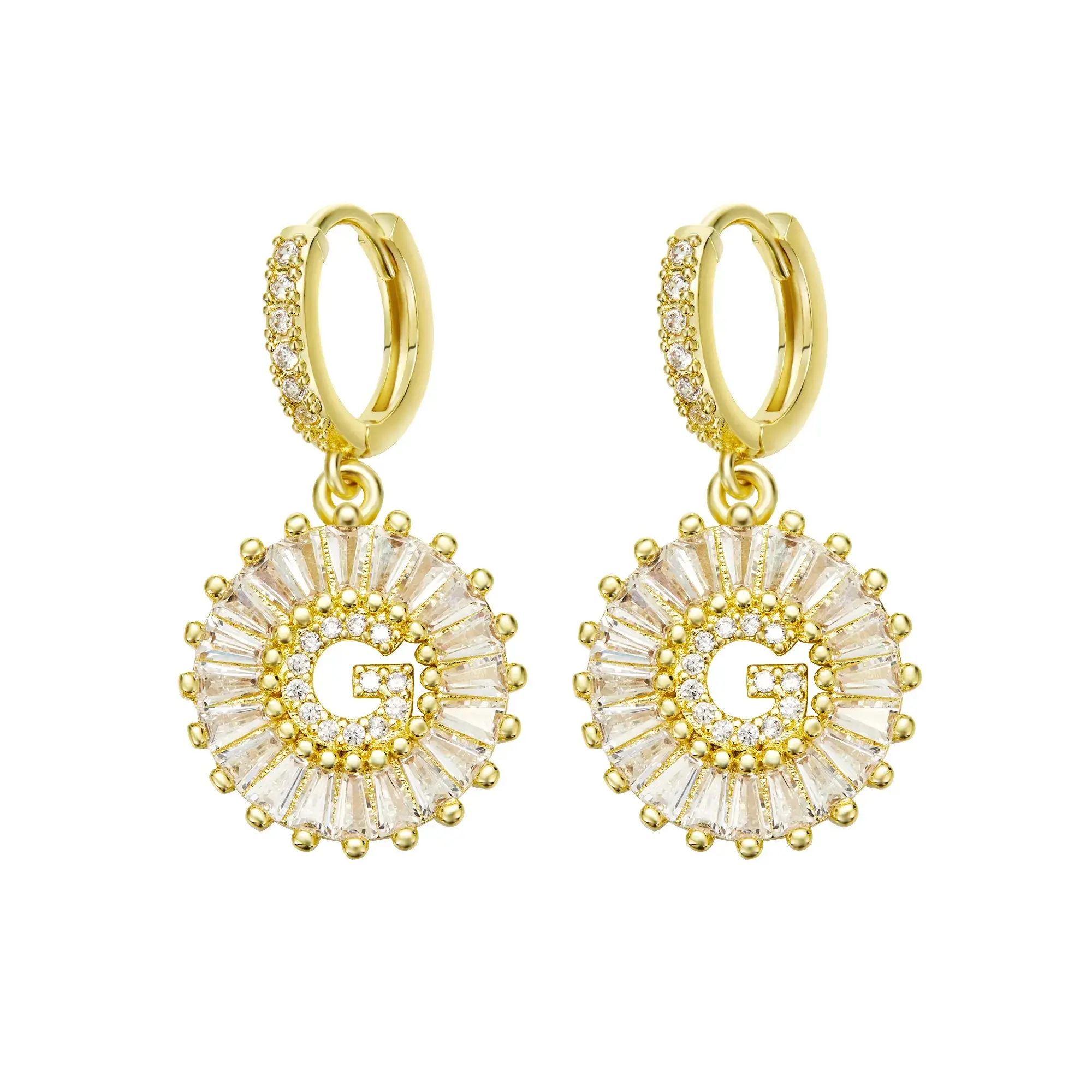 14K Gold Plated Cubic Zirconia Initial Hoop Earrings | A-Z Alphabet Sunburst Dangle Earrings, Personalized Jewelry for Women huggie lightweight piercing